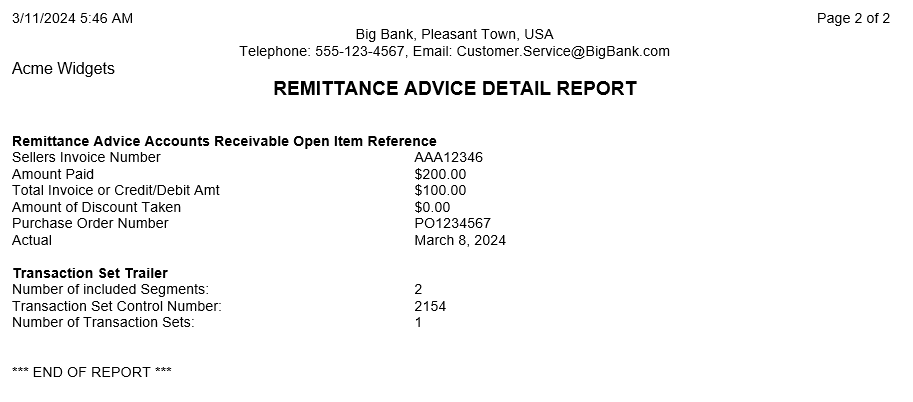 ACH Remittance Advice Detail Report Continued
