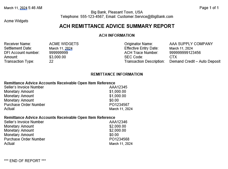ACH Remittance Advice Summary Report