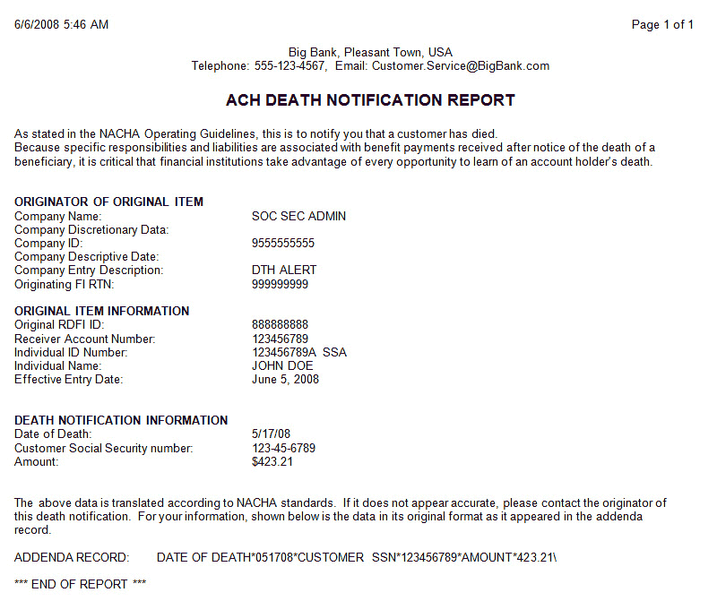 ACH Death Notifcation Report for RDFIs