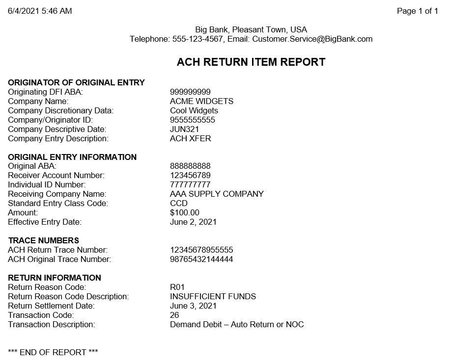 ACH Return Item Report