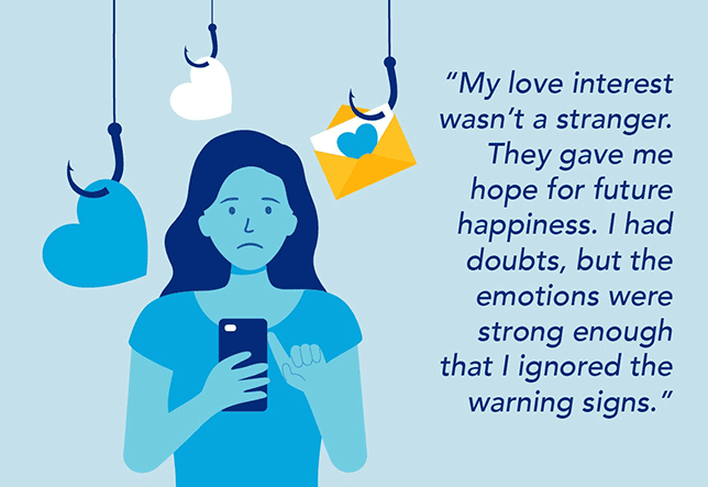 Illustration of person saying they missed the warning signs in a romance scam