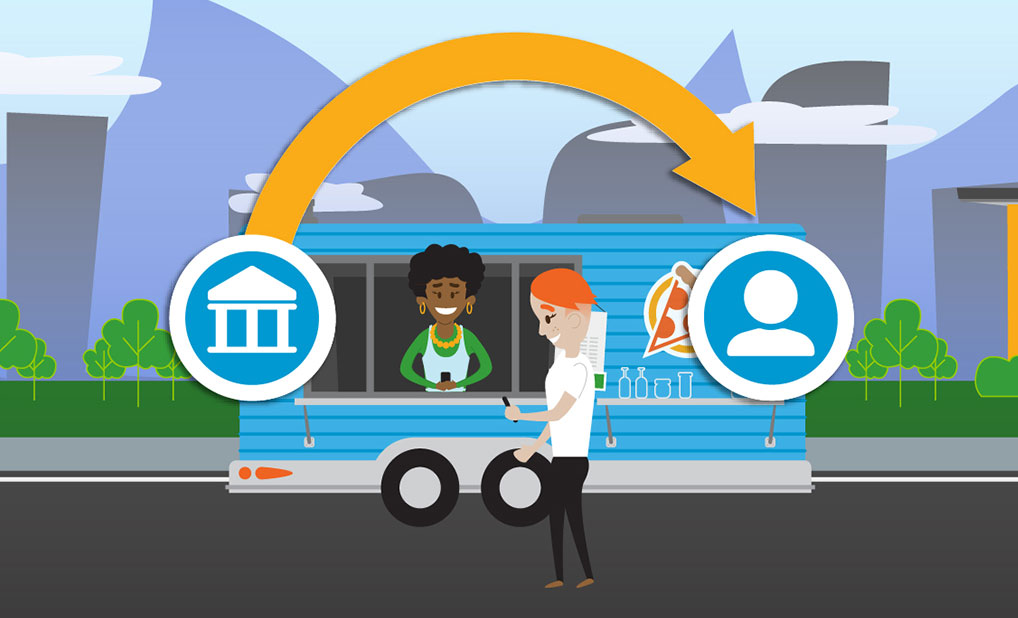 Cartoon style image of person making payment at food truck