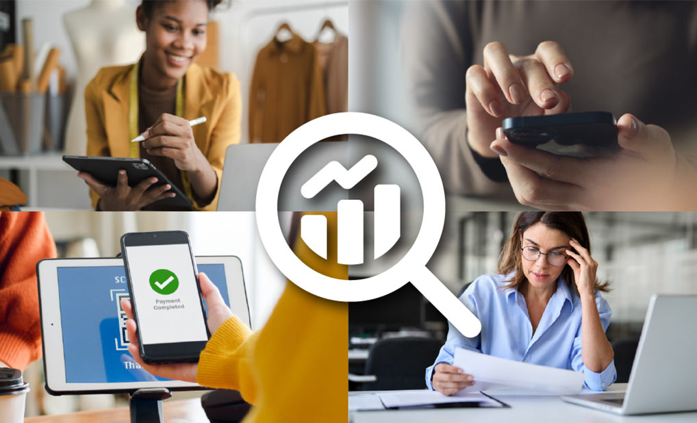 Collage of people using different payment types