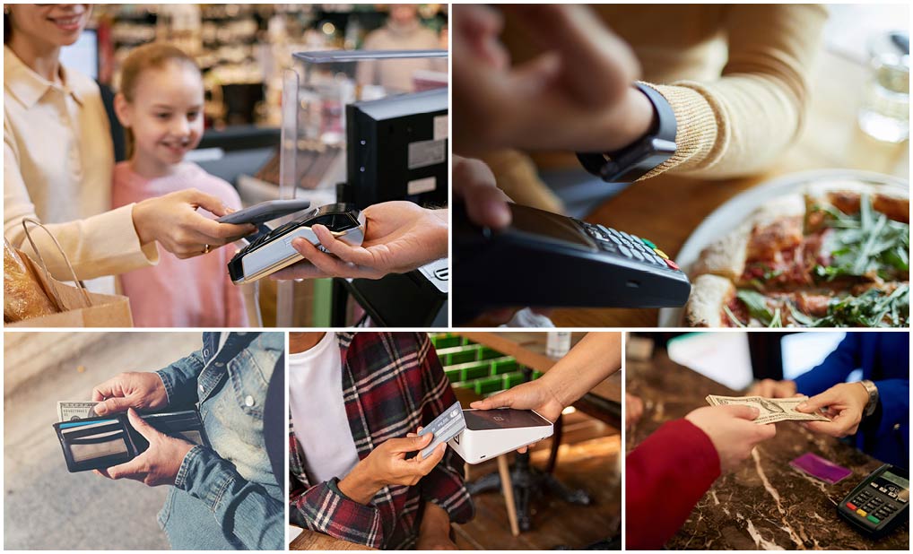 Collage of people using different payment types