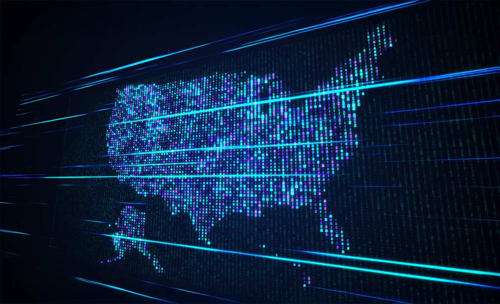 Digital map of the United States consisting of large pixels on black background