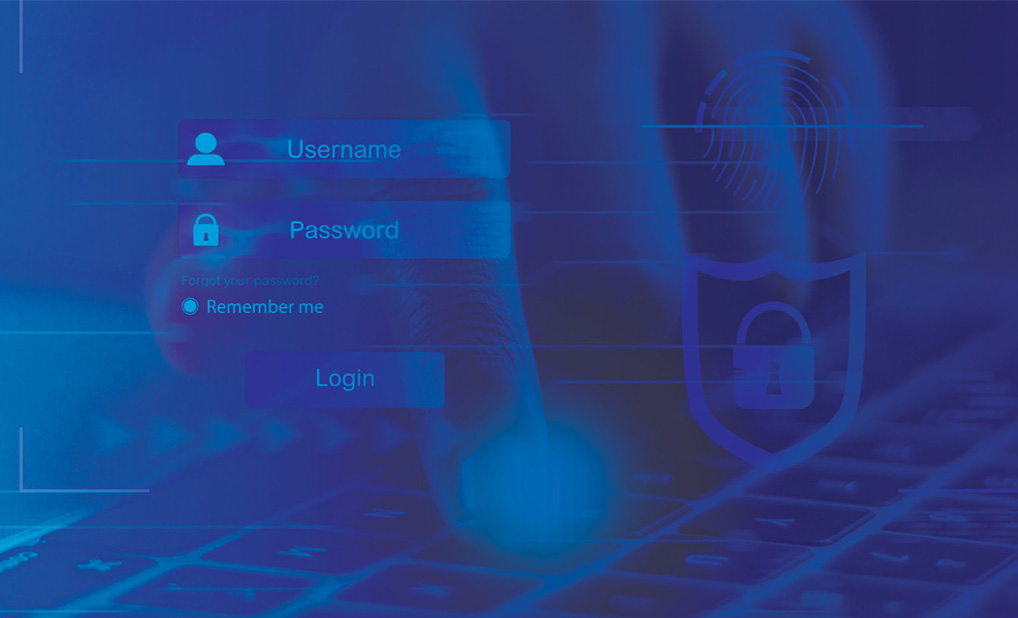 Person typing on keyboard with overlay of login screen