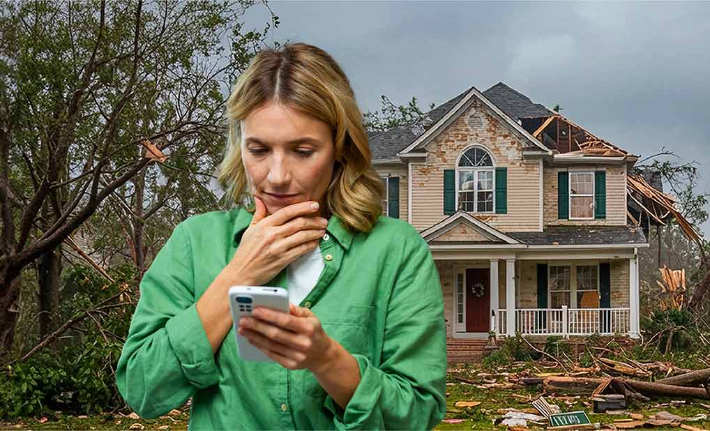 Person looking at phone in front of house affected by natural disaster