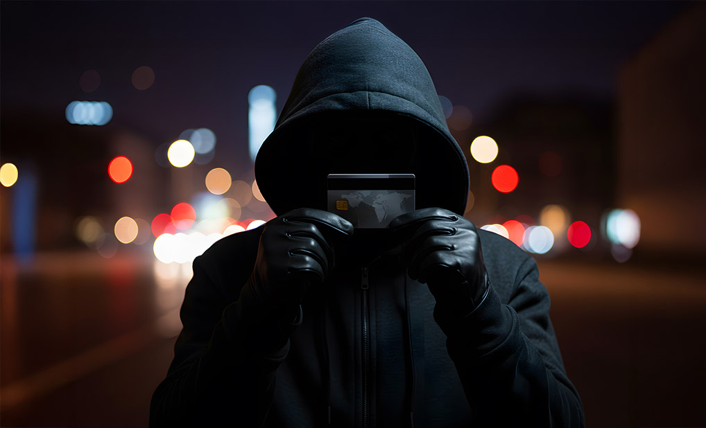 Hooded faceless figure holding a credit card