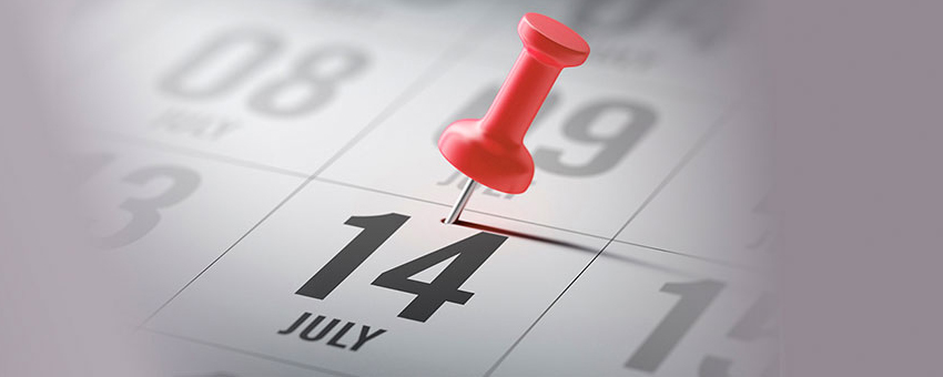 July 14 on a calendar with a red pin on it