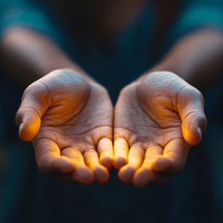 open hands with a light shining on them