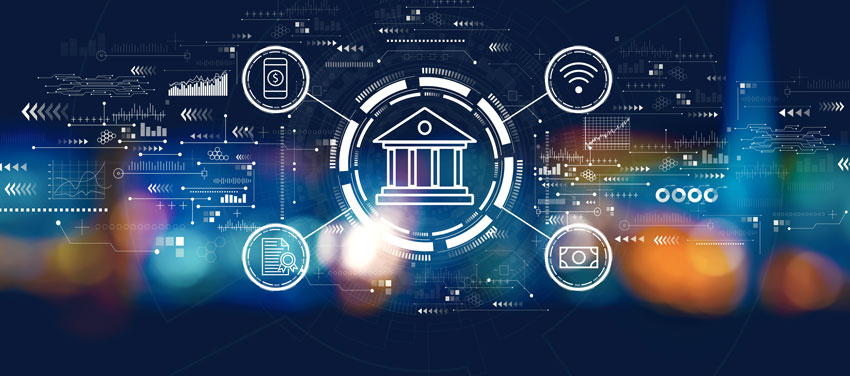 Wifi, money, smartphone, and document icons pointing to a bank icon