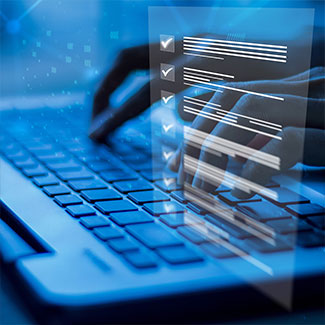 A checklist with check marks appears above a hand typing on the keyboard