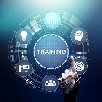 the word 'training' is in a circle surrounded by various icons